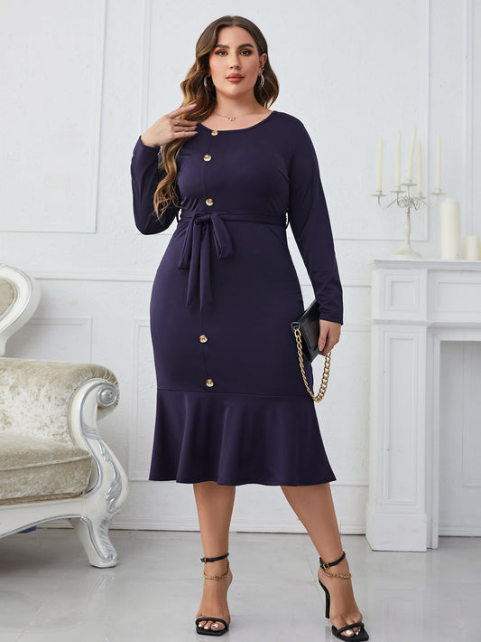 Plus Size Buttoned Round Neck Tie Belt Midi Dress (Online Only)