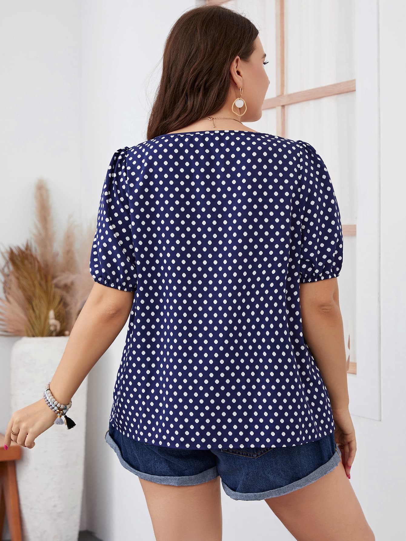 Plus Size Polka Dot Square Neck Blouse (Online Only)