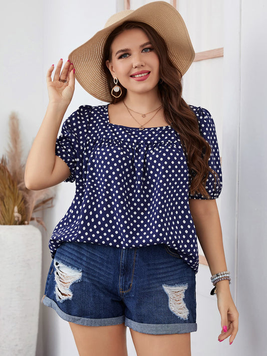 Plus Size Polka Dot Square Neck Blouse (Online Only)