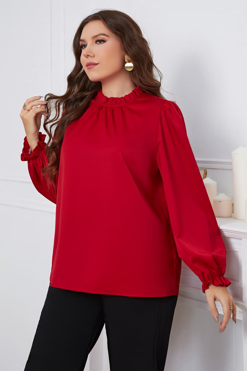 Plus Size Frill Trim Flounce Sleeve Round Neck Blouse (Online Only)