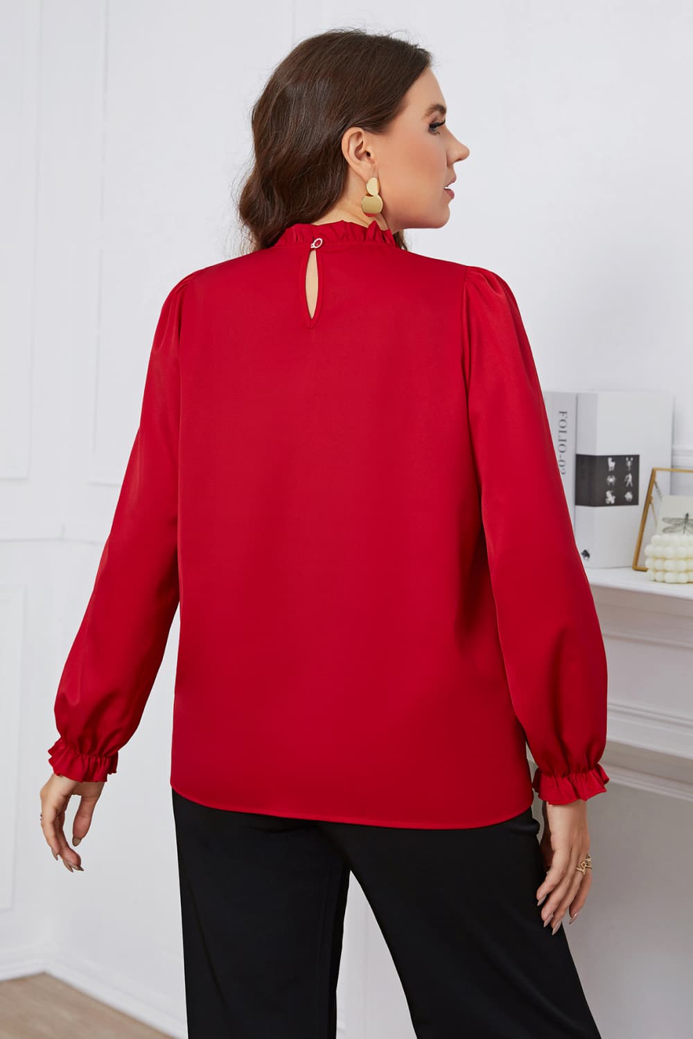 Plus Size Frill Trim Flounce Sleeve Round Neck Blouse (Online Only)