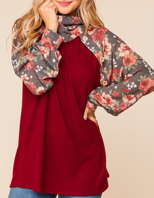 Burgundy & Charcoal Floral Raglan Sweater