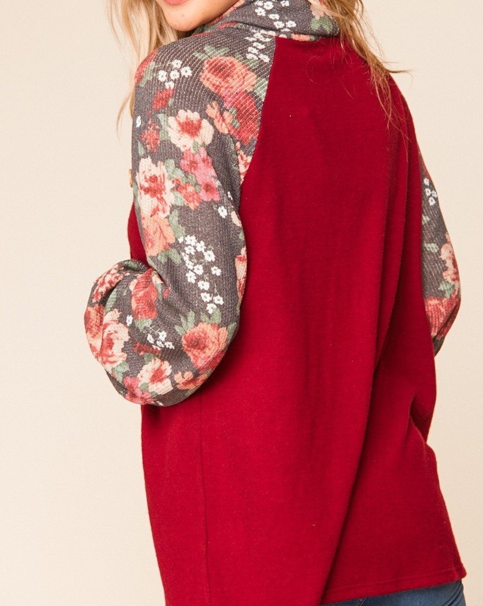 Burgundy & Charcoal Floral Raglan Sweater