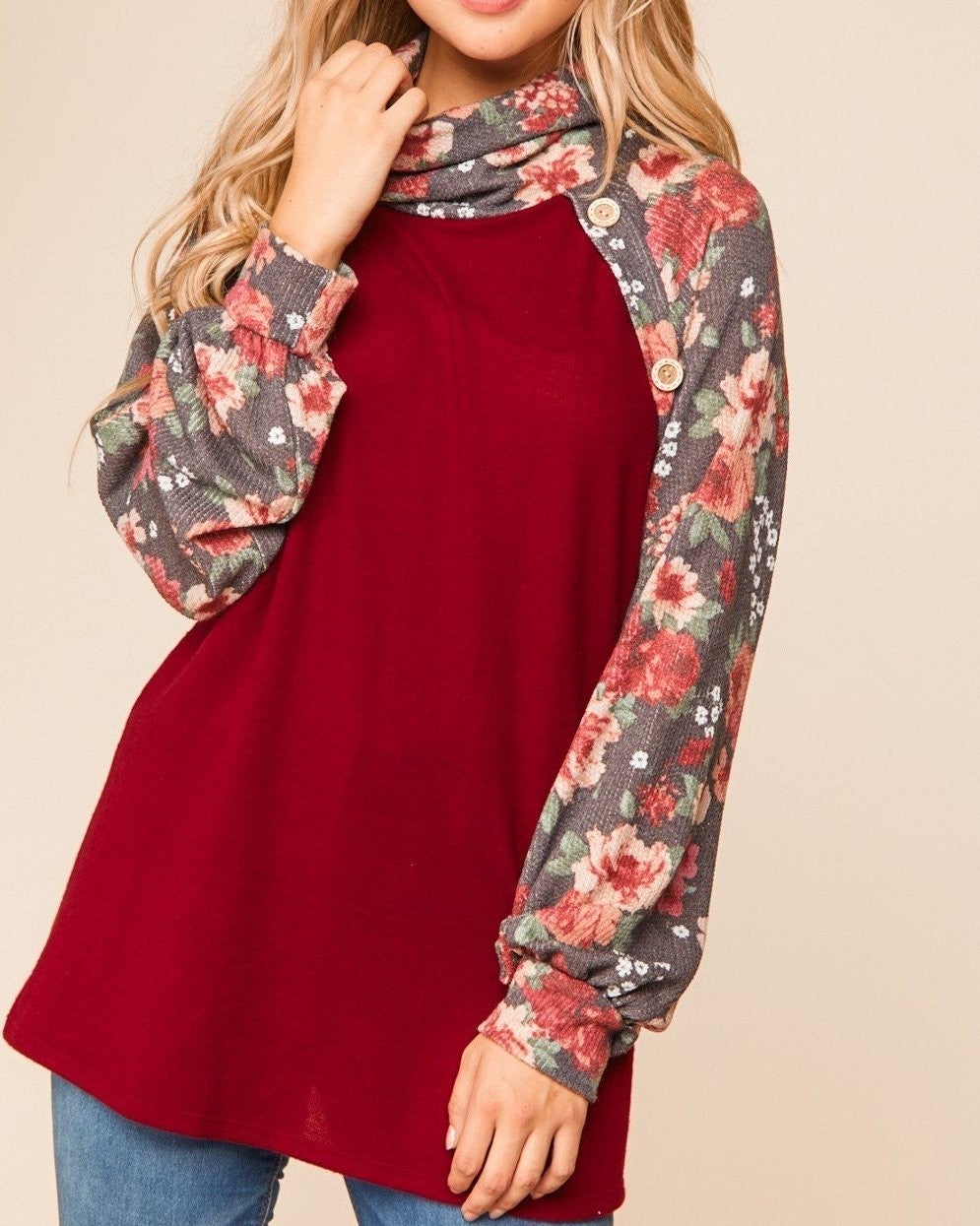 Burgundy & Charcoal Floral Raglan Sweater