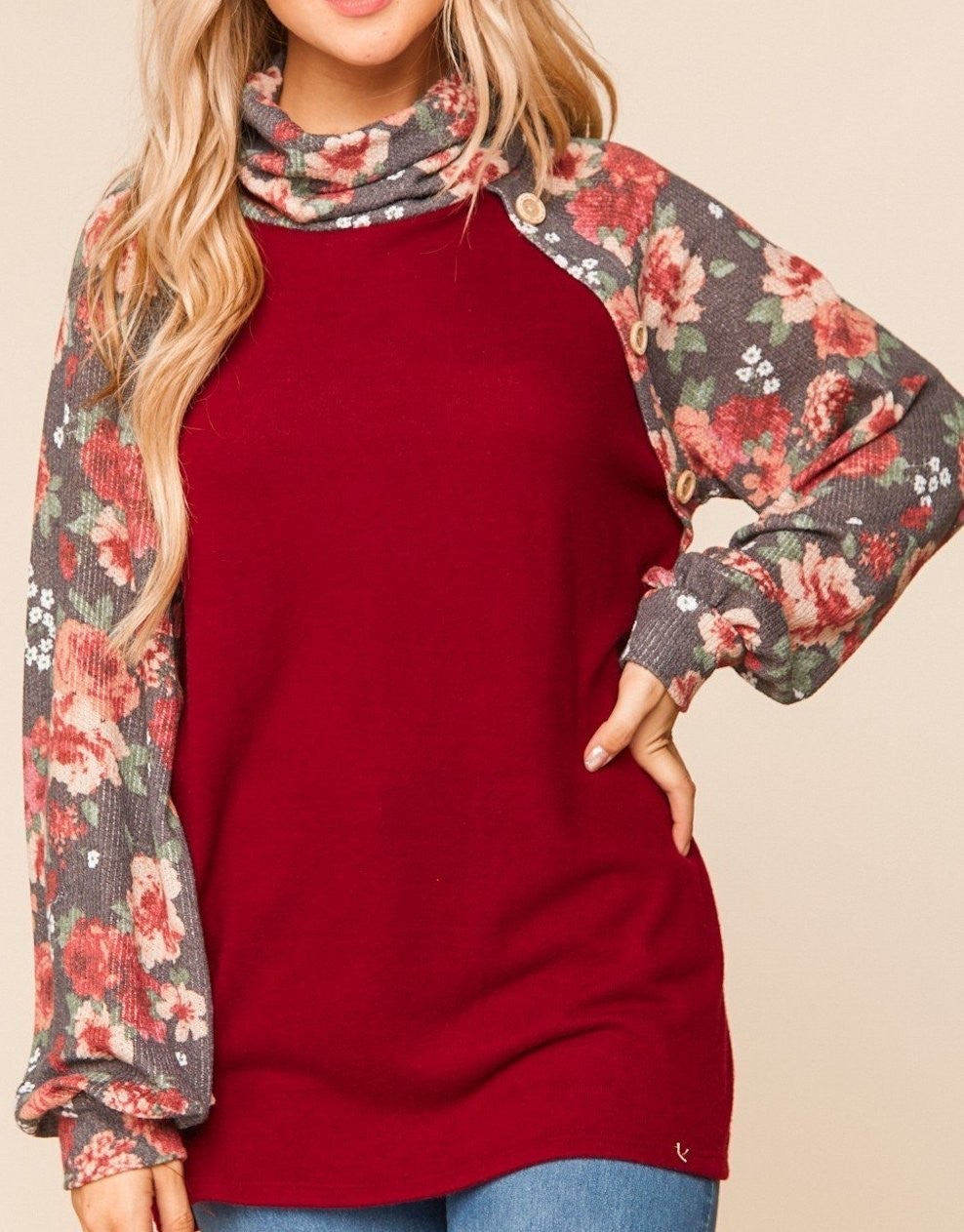 Burgundy & Charcoal Floral Raglan Sweater