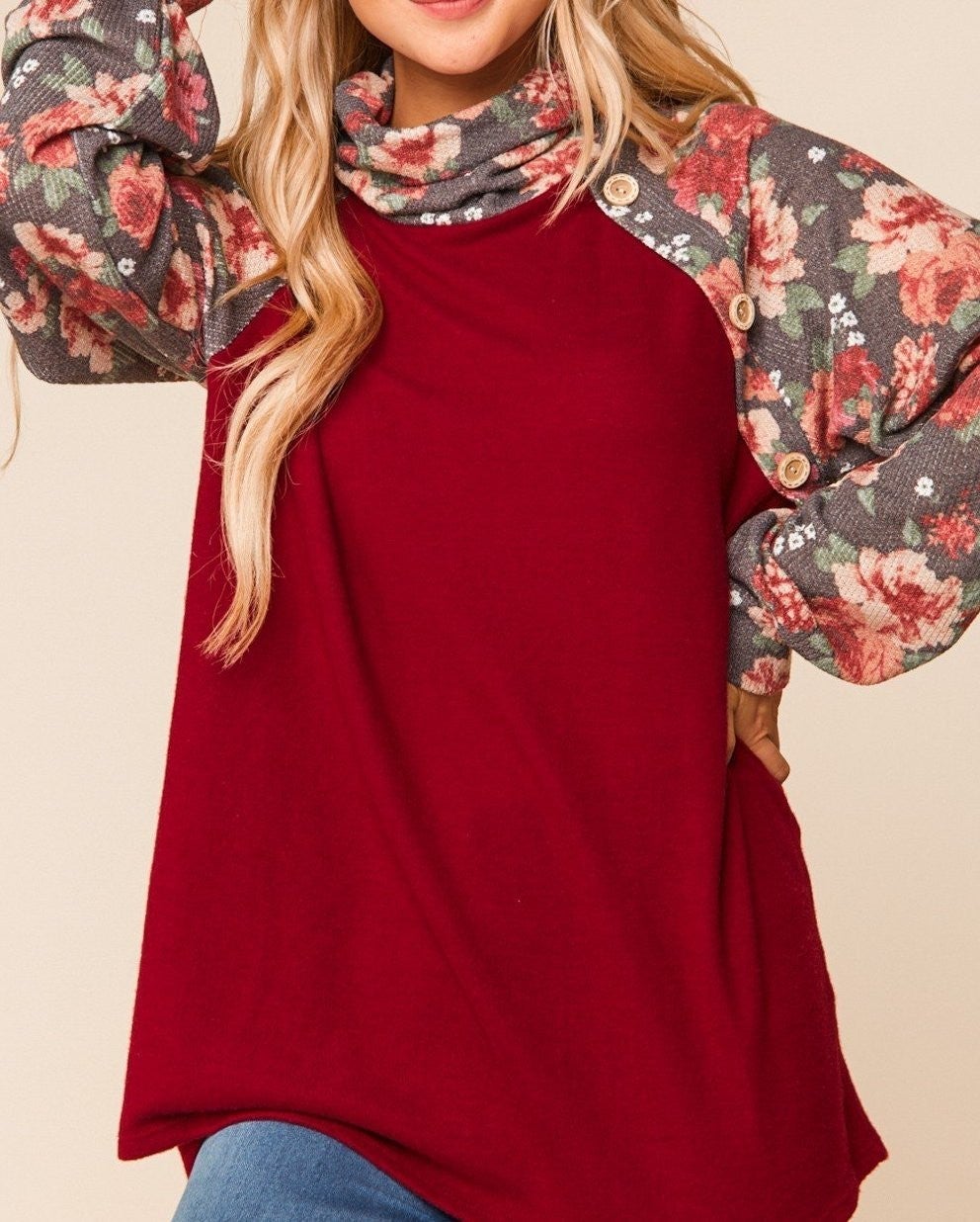 Burgundy & Charcoal Floral Raglan Sweater