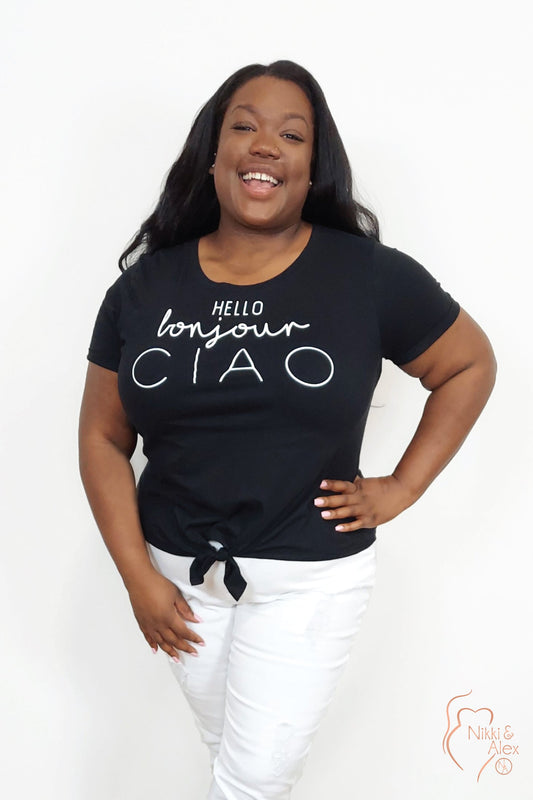 Leah Hello Bonjour Tie Front Tee - Black