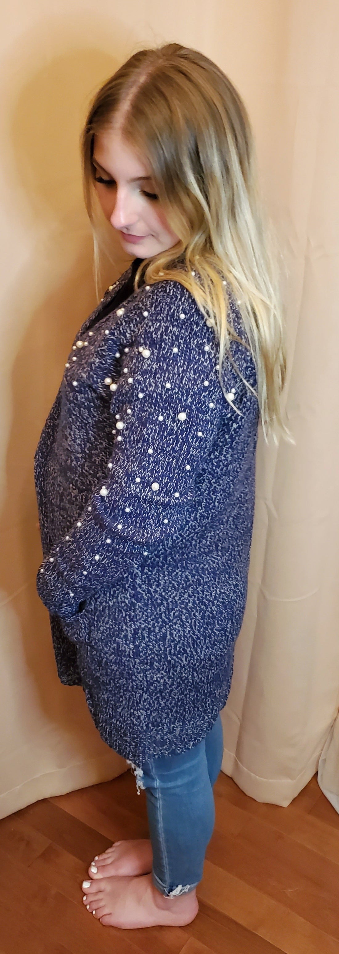 Navy Woven Pearl Embellished Sweater Cardigan