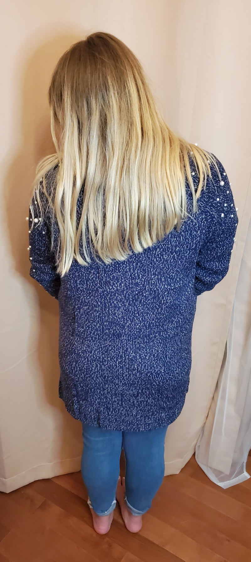 Navy Woven Pearl Embellished Sweater Cardigan