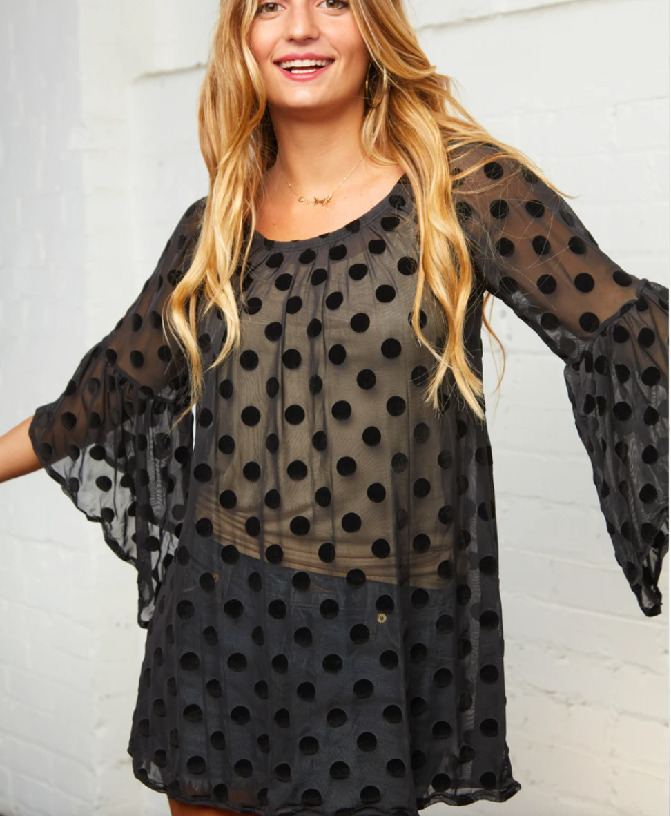 Sheer Black Polka Dot Bell Sleeve Blouse