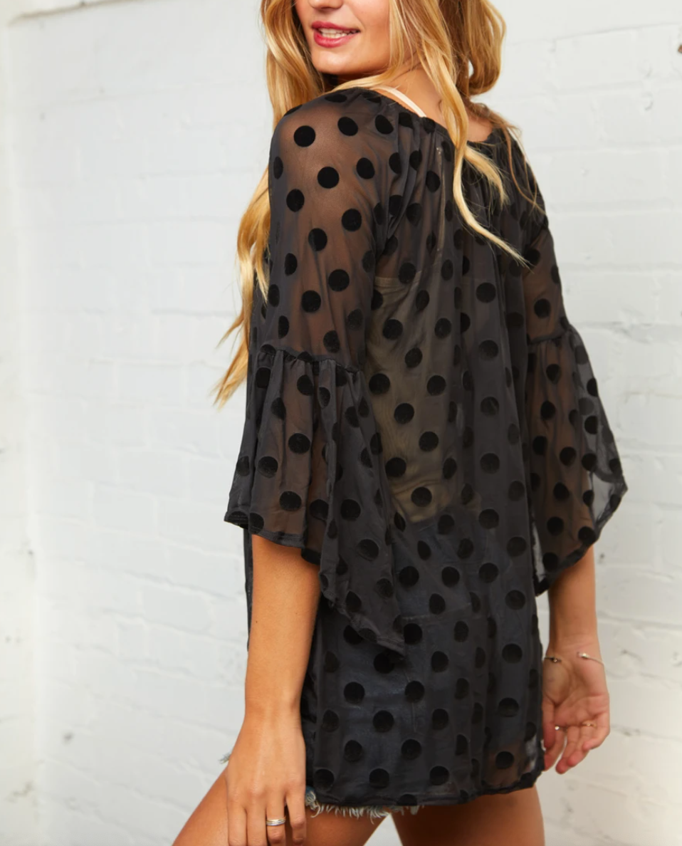 Sheer Black Polka Dot Bell Sleeve Blouse