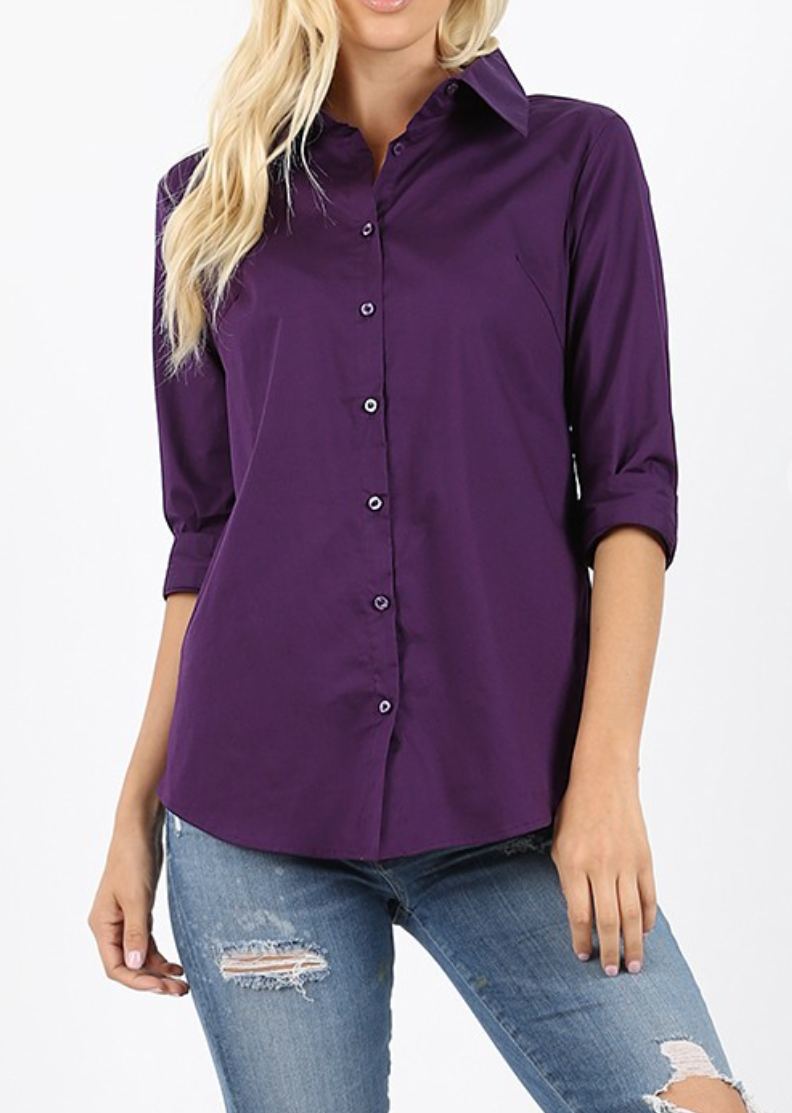 Dark Purple Poplin 3/4 Button Shirt (Shelf Stock)