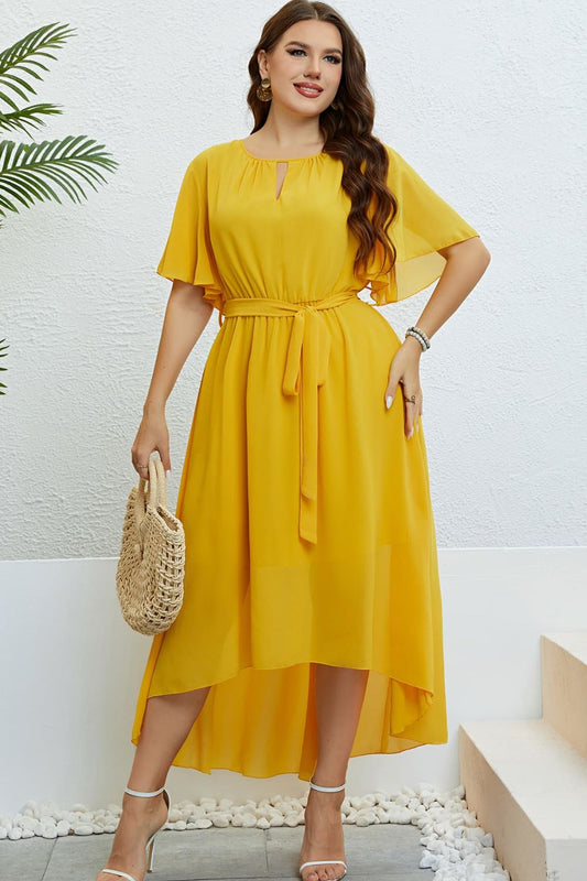 Belted Flutter Sleeve High-Low Dress (Online Only)