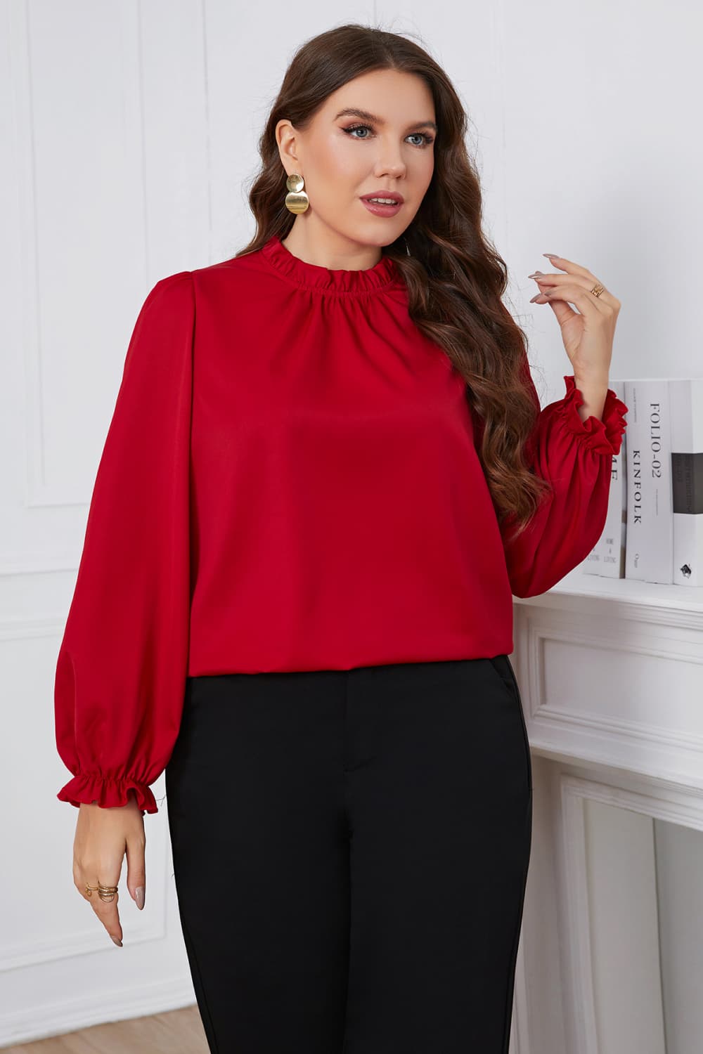 Plus Size Frill Trim Flounce Sleeve Round Neck Blouse (Online Only)