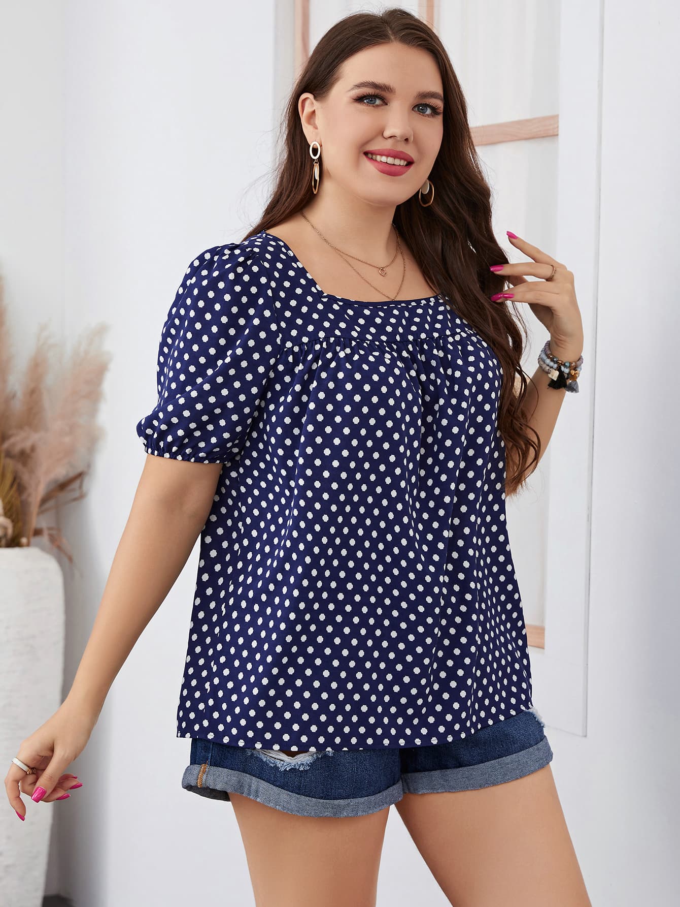 Plus Size Polka Dot Square Neck Blouse (Online Only)