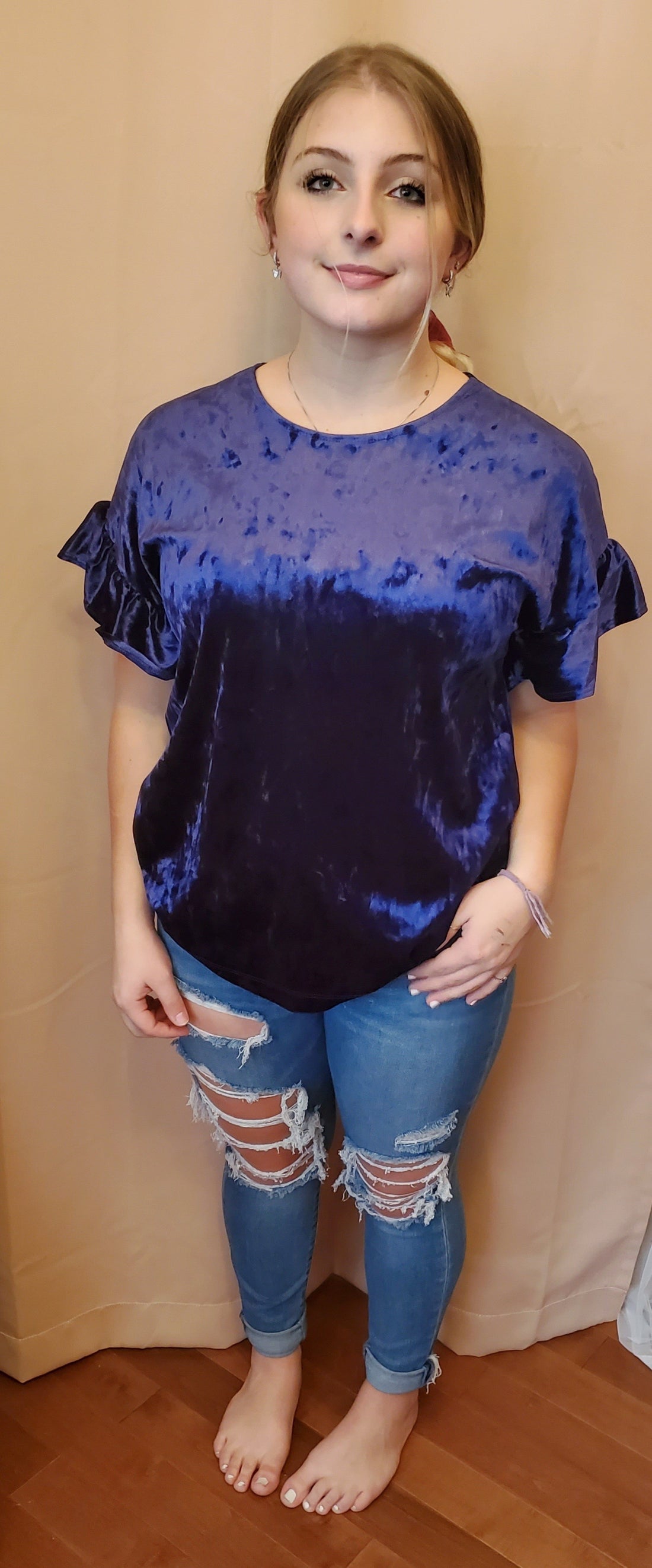 Romantic Crushed Velvet Navy Bell Sleeve Blouse