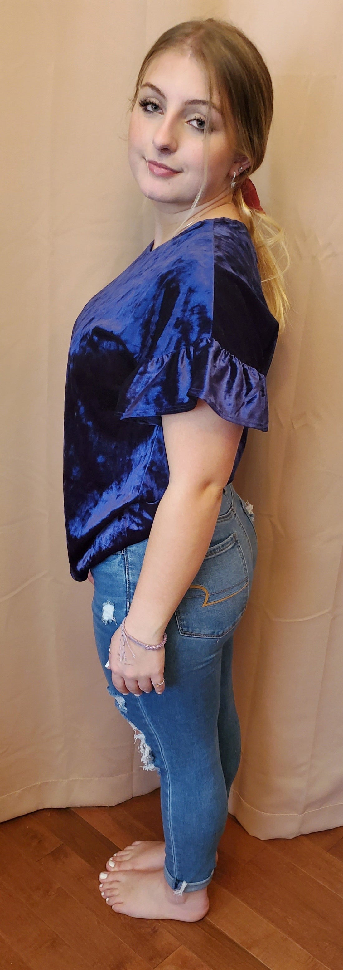 Romantic Crushed Velvet Navy Bell Sleeve Blouse