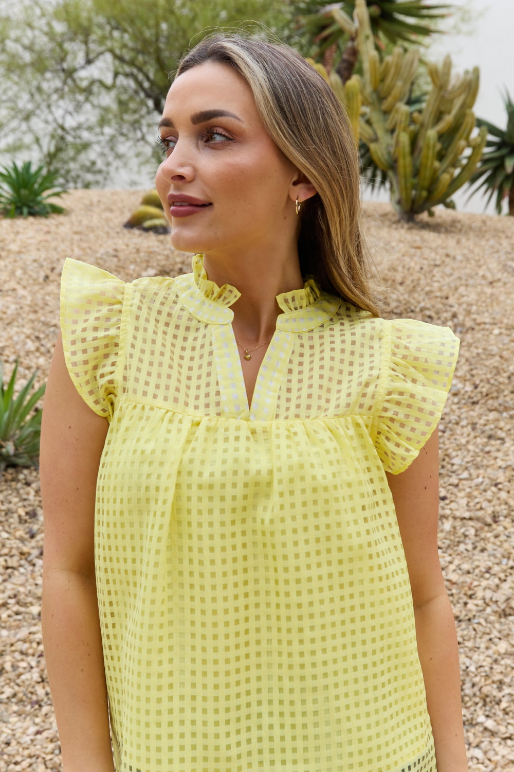 "And The Why" Full Size Ruffle Sleeve Grid Babydoll Top (Online Only)