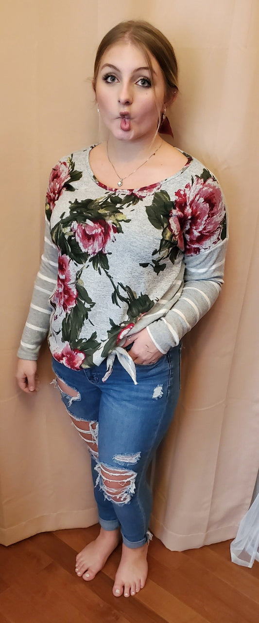 Heather Gray Floral Stripped Soft Sweater