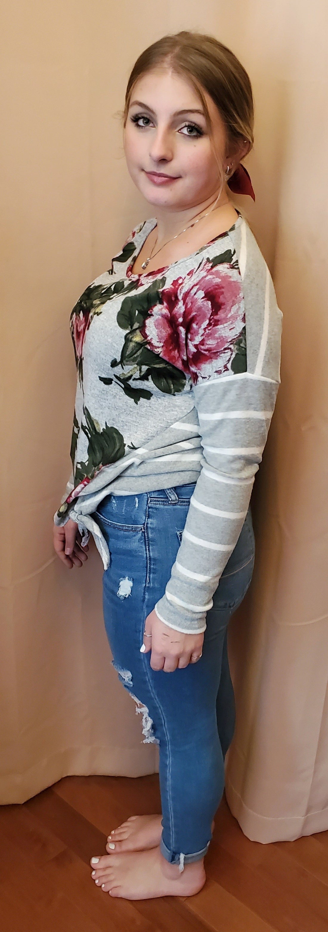 Heather Gray Floral Stripped Soft Sweater