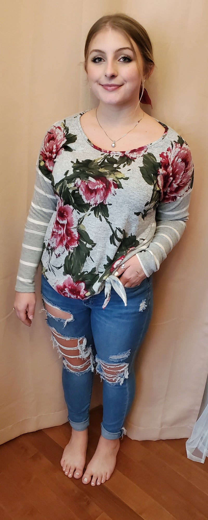 Heather Gray Floral Stripped Soft Sweater