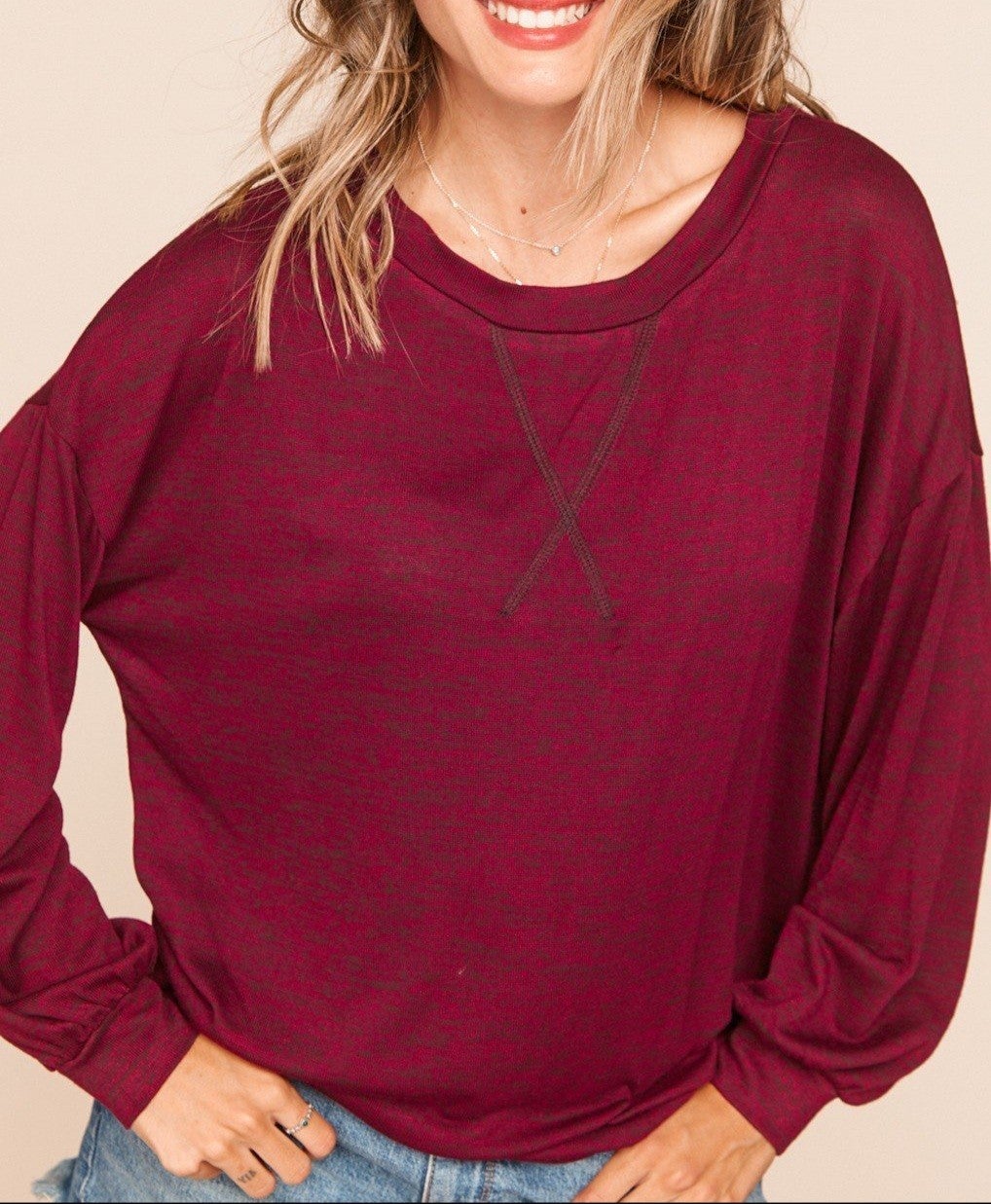 Two Tone Knit LS Blouse