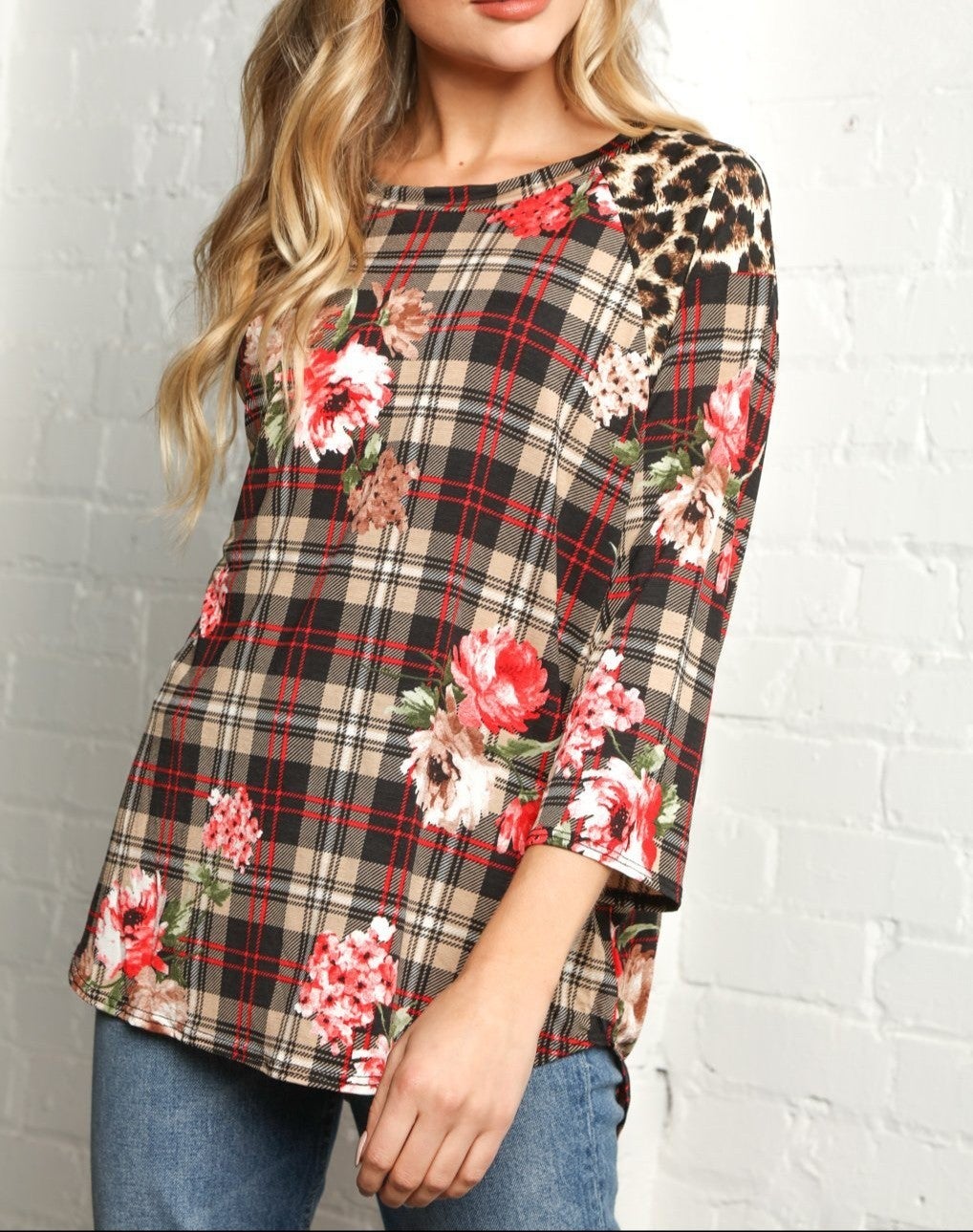 Perfect Trio - Plaid Animal Floral 3/4 Blouse