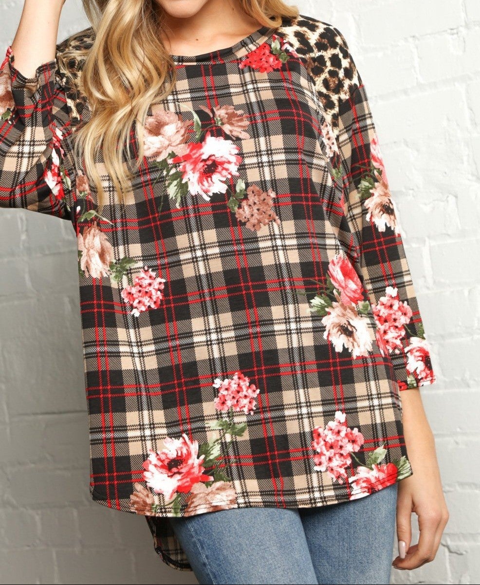 Perfect Trio - Plaid Animal Floral 3/4 Blouse