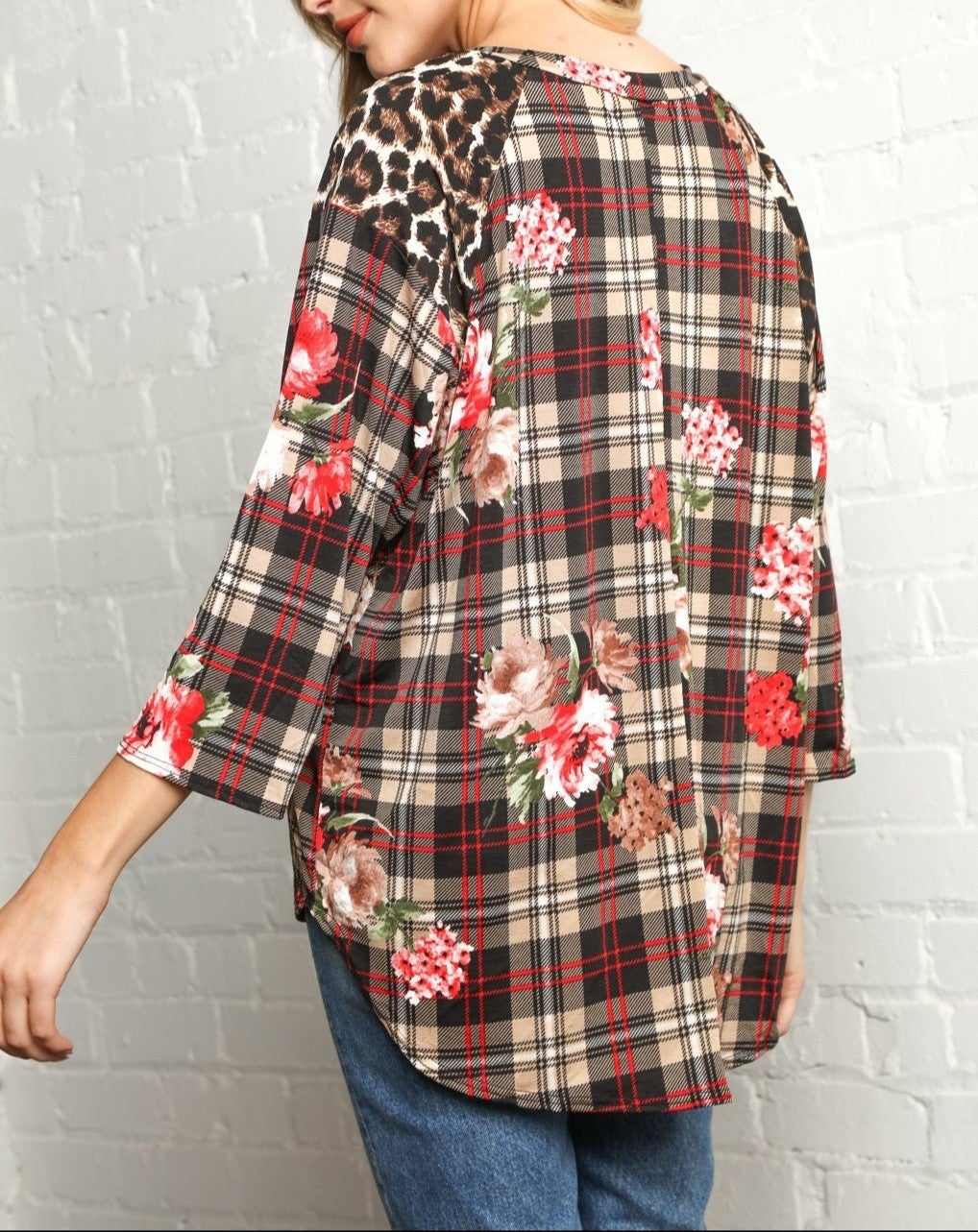 Perfect Trio - Plaid Animal Floral 3/4 Blouse